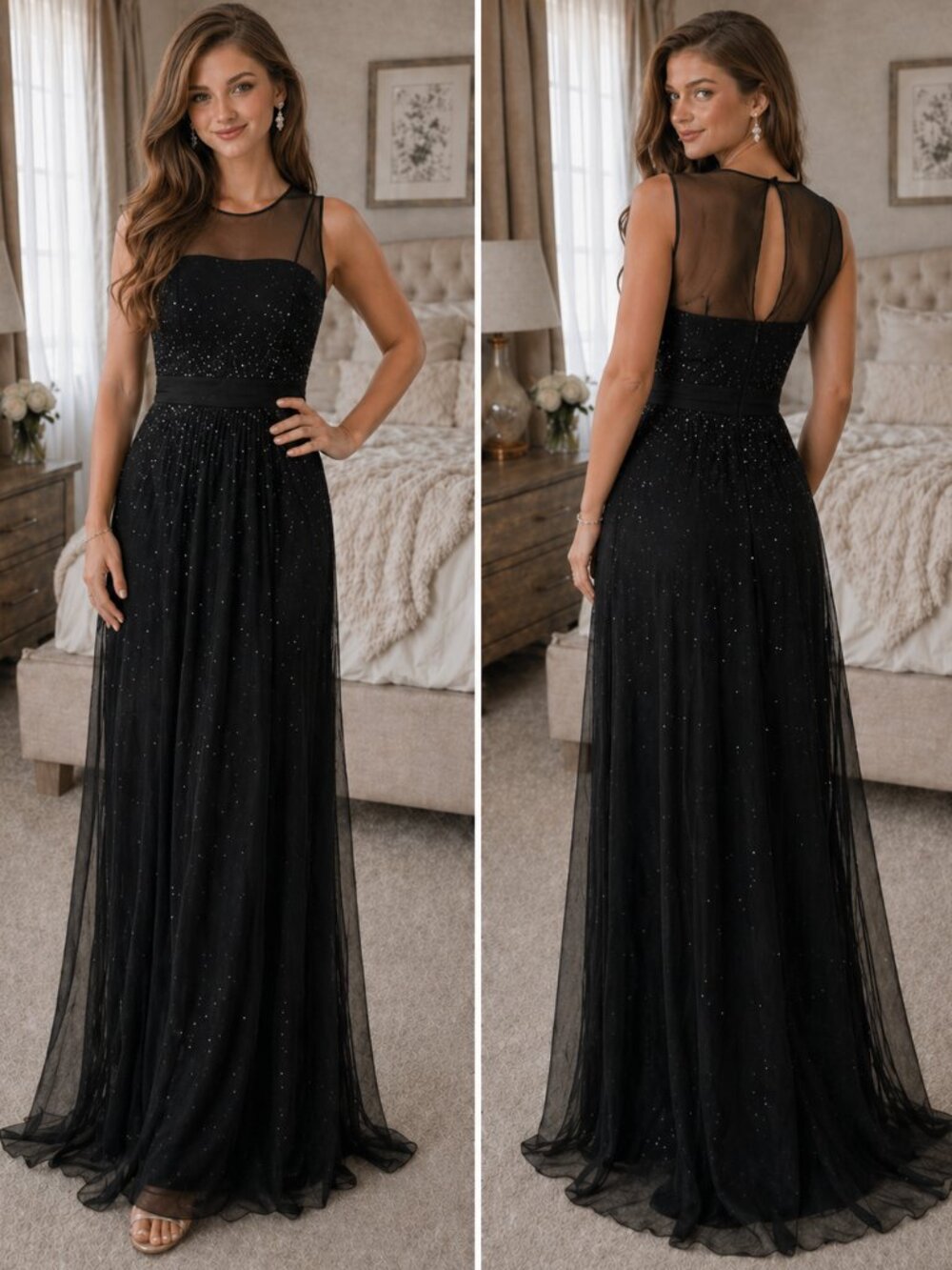 La Femme Black Sheer Sequin Formal Gown NWT $299